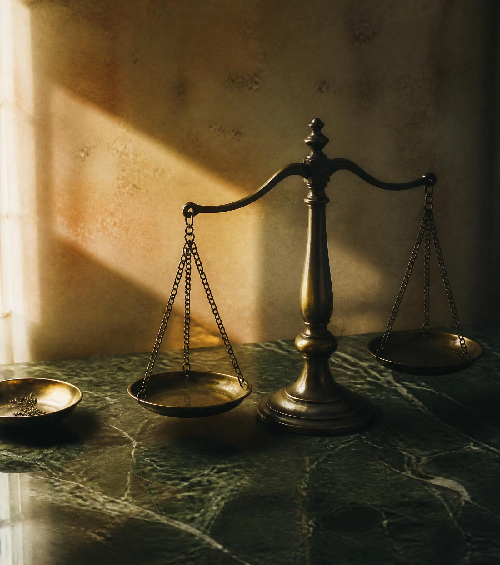 An antique brass scale on dark green marble, warm morning light